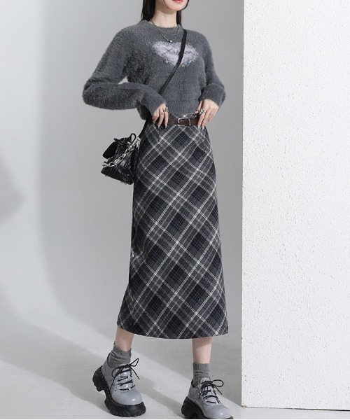 gossip！ロサンゼルス（ゴシップロサンゼルス）の「【サイズあり】ウールライク　チェック ヴィンテージ カジュアル 厚手Aラインロングスカート【ベルト付】（秋冬の韓国ファッションガーリー定番）（スカート・レディース・グレー/ブラウン・L/M/S）」の9枚目の写真