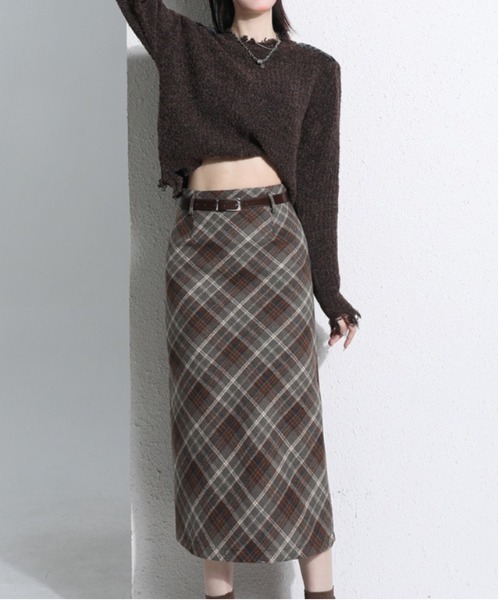 gossip！ロサンゼルス（ゴシップロサンゼルス）の「【サイズあり】ウールライク　チェック ヴィンテージ カジュアル 厚手Aラインロングスカート【ベルト付】（秋冬の韓国ファッションガーリー定番）（スカート・レディース・グレー/ブラウン・L/M/S）」の20枚目の写真
