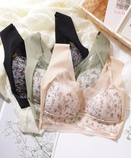 Lace Ladies（レースレディース）の「花柄 レース Vネック ノンワイヤー ブラ ナイトブラ（ナイトブラ・レディース・ミント/ベージュ/ブラック・85/80/75/70）」の12枚目の写真