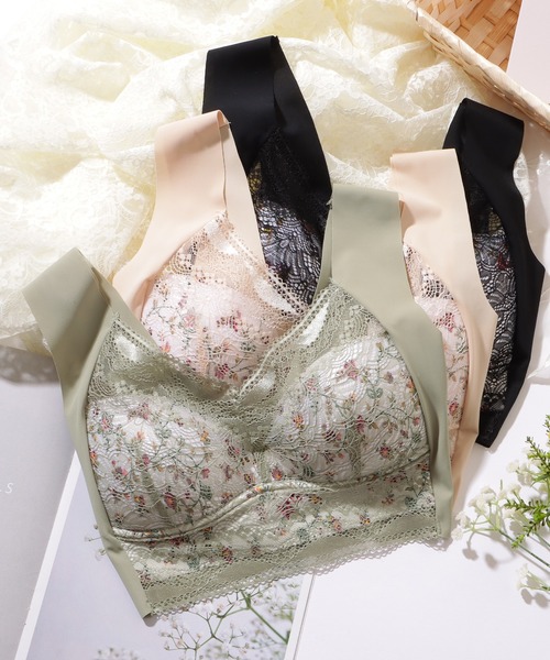 Lace Ladies（レースレディース）の「花柄 レース Vネック ノンワイヤー ブラ ナイトブラ（ナイトブラ・レディース・ミント/ベージュ/ブラック・85/80/75/70）」の13枚目の写真