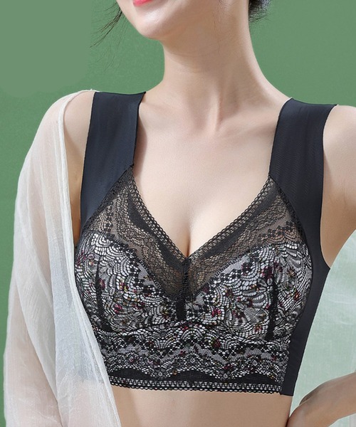 Lace Ladies（レースレディース）の「花柄 レース Vネック ノンワイヤー ブラ ナイトブラ（ナイトブラ・レディース・ミント/ベージュ/ブラック・85/80/75/70）」の9枚目の写真