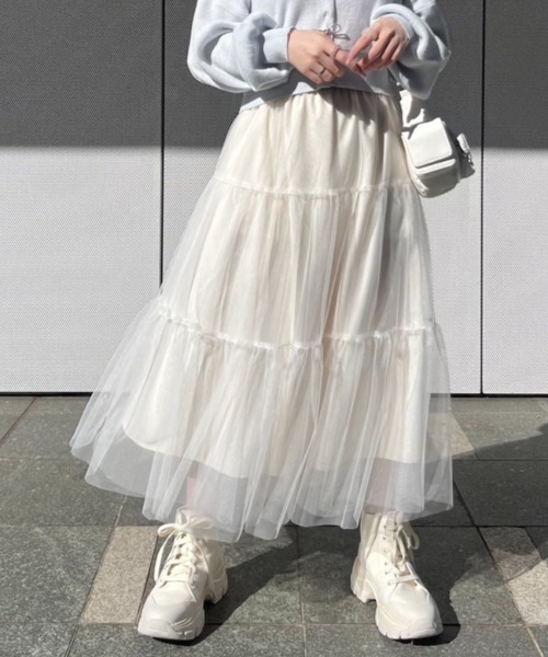 OLIVE des OLIVE(オリーブデオリーブ)の「【S/M展開】着まわしチュールティアードスカート 1041010060(スカート・レディース・ブラック/オフホワイト/チャコールグレー・SMALL/MEDIUM)」の6枚目の写真