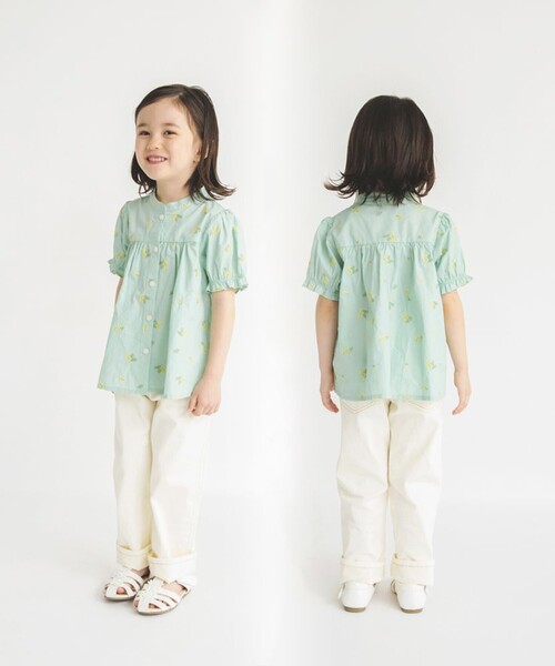 BRANSHES(ブランシェス)の「【おそろい】ミモザ刺繍チュニック(シャツ/ブラウス・キッズ・ライトグリーン/オフホワイト・110/130/120/140/150/90/100)」の7枚目の写真