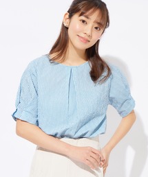 サッカー素材袖タックブラウス