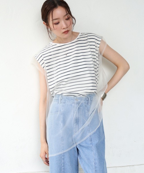 Bab(バブ)の「チュールボーダーノースリーブトップス(Tシャツ/カットソー・レディース・ブラック/オフホワイト/ピンク/グレー系その他2・FREE)」の2枚目の写真