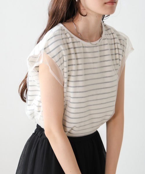 Bab(バブ)の「チュールボーダーノースリーブトップス(Tシャツ/カットソー・レディース・ブラック/オフホワイト/ピンク/グレー系その他2・FREE)」の3枚目の写真