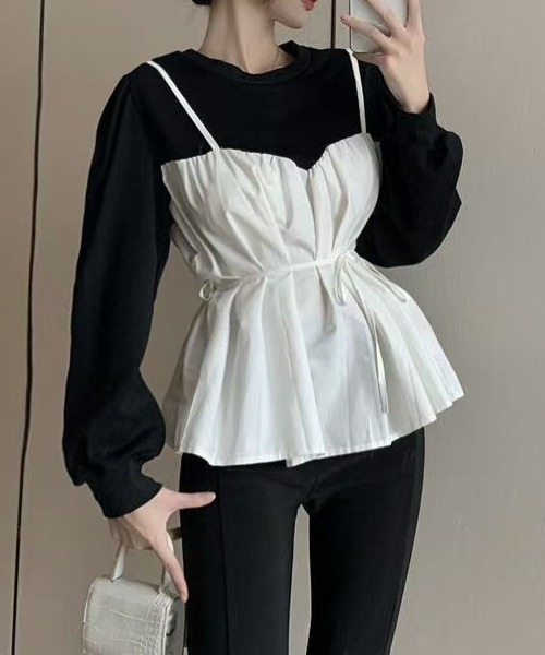 AsheKsha(アシクシャ)の「ウエストリボンアウターキャミ(Tシャツ/カットソー・レディース・ホワイト×ブラック・F)」の1枚目の写真
