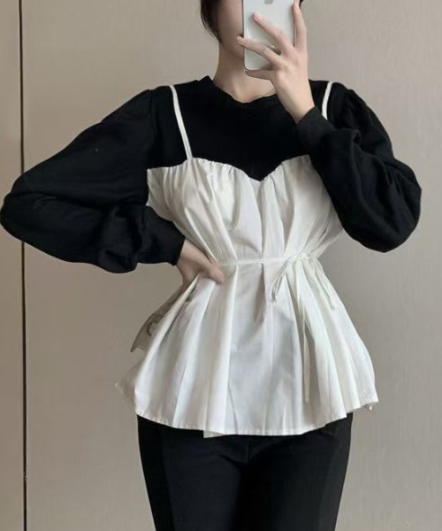 AsheKsha(アシクシャ)の「ウエストリボンアウターキャミ(Tシャツ/カットソー・レディース・ホワイト×ブラック・F)」の5枚目の写真