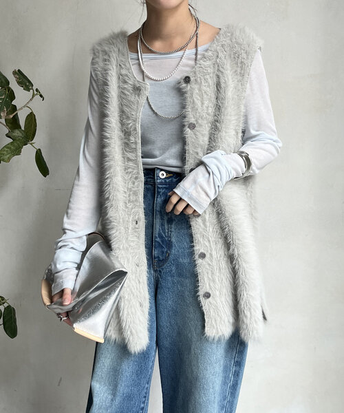 DouDou（ドゥドゥ）の「【WEB限定】シャギーニット2WAYベスト（ニット/セーター・レディース・チャコールグレー/ライトグレー・FREE）」の2枚目の写真