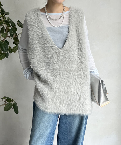 DouDou（ドゥドゥ）の「【WEB限定】シャギーニット2WAYベスト（ニット/セーター・レディース・チャコールグレー/ライトグレー・FREE）」の6枚目の写真