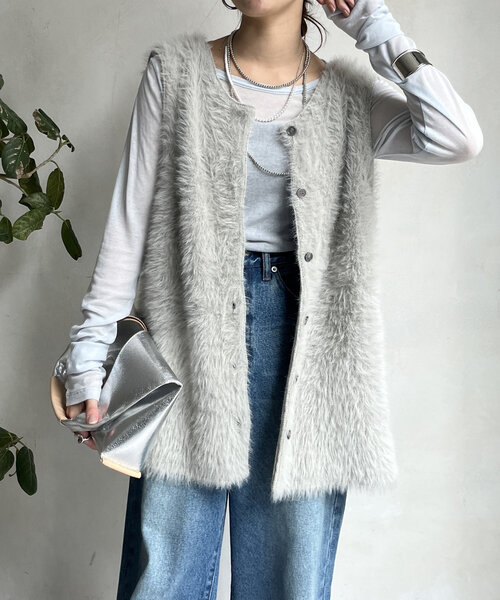 DouDou（ドゥドゥ）の「【WEB限定】シャギーニット2WAYベスト（ニット/セーター・レディース・チャコールグレー/ライトグレー・FREE）」の5枚目の写真