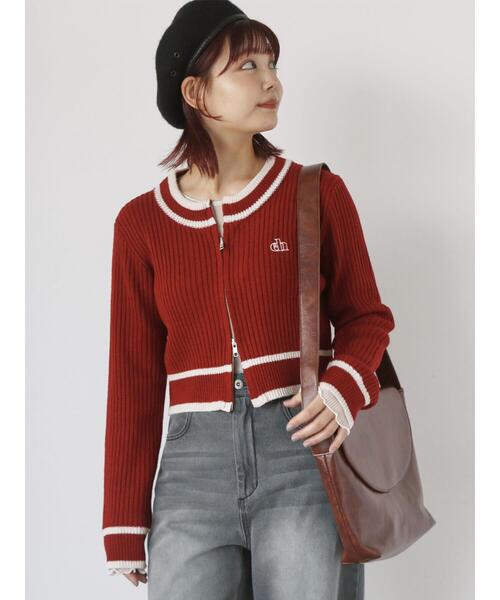ehka sopo（エヘカソポ）の「ラインジップカーディガン（カーディガン/ボレロ・レディース・レッド/キナリ/ブラック・F）」の3枚目の写真