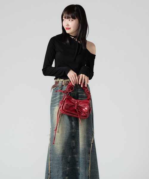 SIO ★リボン・フロッキング・マイクロショート★ セール】Ribbon Design Shoulder Bag / リボンデザイン ギャザー