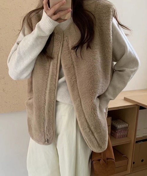 【セール】ボアベスト フロントジップ ポケット付き（ベスト）｜COCOMOMO（ココモモ）ベスト