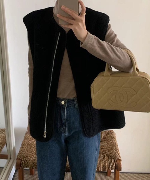 【セール】ボアベスト フロントジップ ポケット付き（ベスト）｜COCOMOMO（ココモモ）