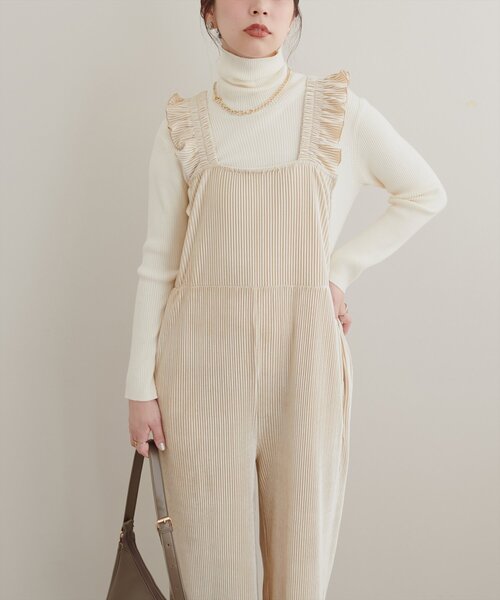 natural couture（ナチュラルクチュール）の「【mamamo】プリーツベロア肩フリルサロペ（その他パンツ・レディース・ベージュ/ピンク/ブラウン・FREE）」の11枚目の写真