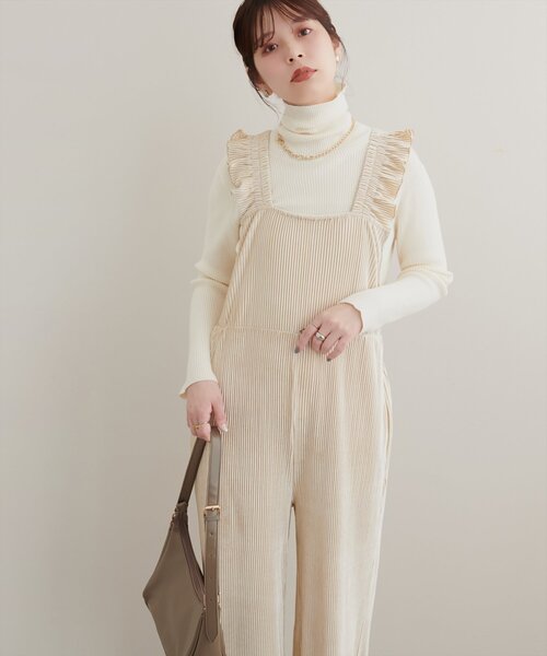 natural couture（ナチュラルクチュール）の「【mamamo】プリーツベロア肩フリルサロペ（その他パンツ・レディース・ベージュ/ピンク/ブラウン・FREE）」の10枚目の写真
