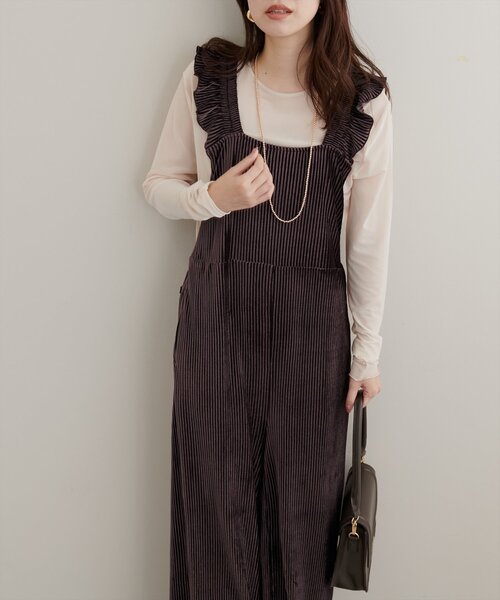 natural couture（ナチュラルクチュール）の「【mamamo】プリーツベロア肩フリルサロペ（その他パンツ・レディース・ベージュ/ピンク/ブラウン・FREE）」の17枚目の写真
