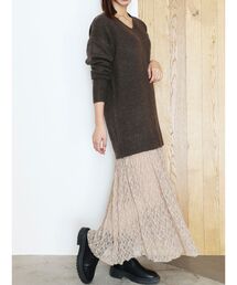 【ZOZOTOWN限定】レーススカートドッキングVネックニットワンピース