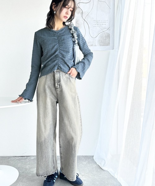 classicalelf（クラシカルエルフ）の「大人の魅力を引き立てる。胸シャーリングジャガードトップス（長袖）（Tシャツ/カットソー・レディース・ブルー/ブラック/グレイッシュベージュ/アイボリー・LARGE/MEDIUM/SMALL/X-LARGE）」の18枚目の写真