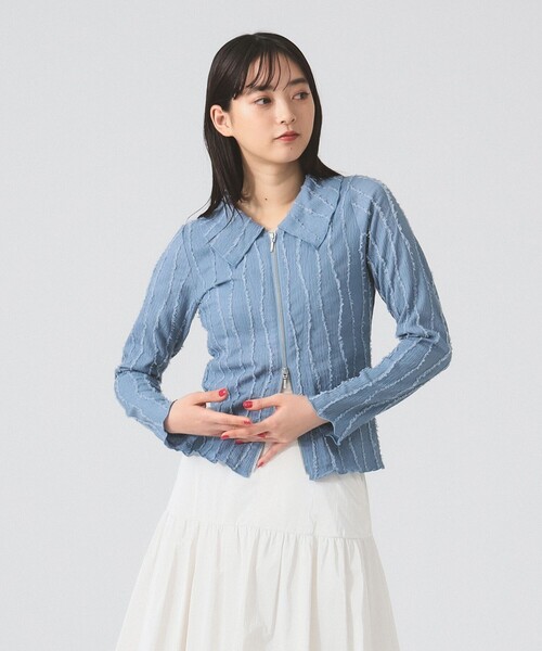 Ray BEAMS（レイビームス）の「ストライプ シャーリング ジップ シャツ（Tシャツ/カットソー・レディース・ブラック/ライトブルー/オフホワイト・ONE SIZE）」の18枚目の写真