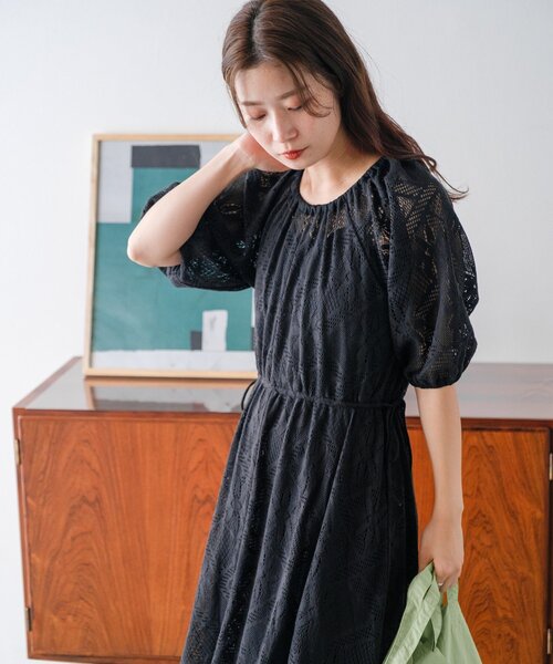 セール】【WEB限定/2サイズ展開】カットレースギャザーワンピース  