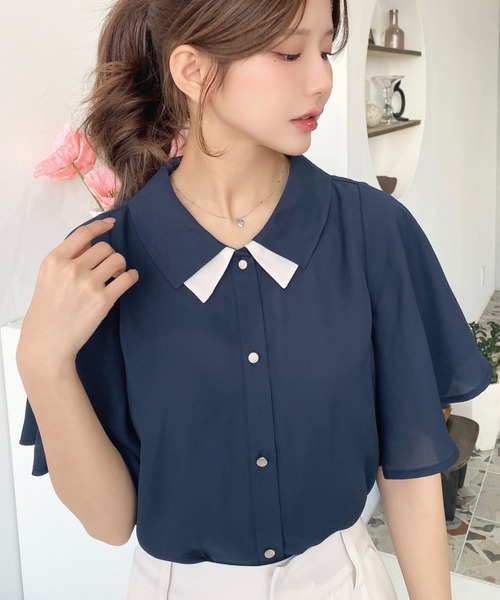 シフォンジョーゼットフレアスリーブ配色ダブルカラー半袖ブラウス