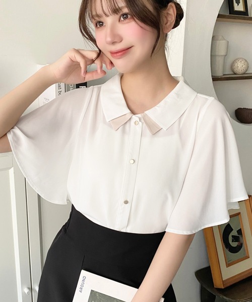 シフォンジョーゼットフレアスリーブ配色ダブルカラー半袖ブラウス
