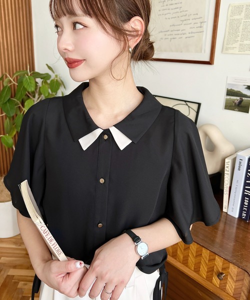 シフォンジョーゼットフレアスリーブ配色ダブルカラー半袖ブラウス