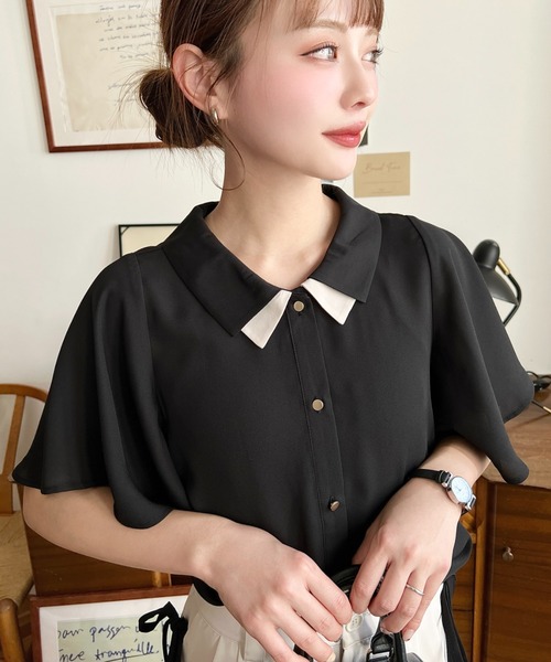 シフォンジョーゼットフレアスリーブ配色ダブルカラー半袖ブラウス