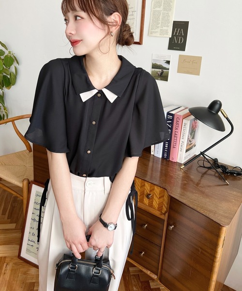 シフォンジョーゼットフレアスリーブ配色ダブルカラー半袖ブラウス