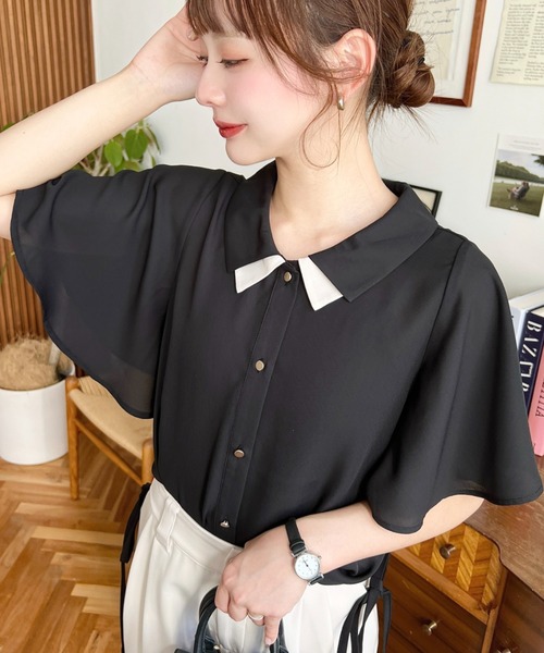 シフォンジョーゼットフレアスリーブ配色ダブルカラー半袖ブラウス