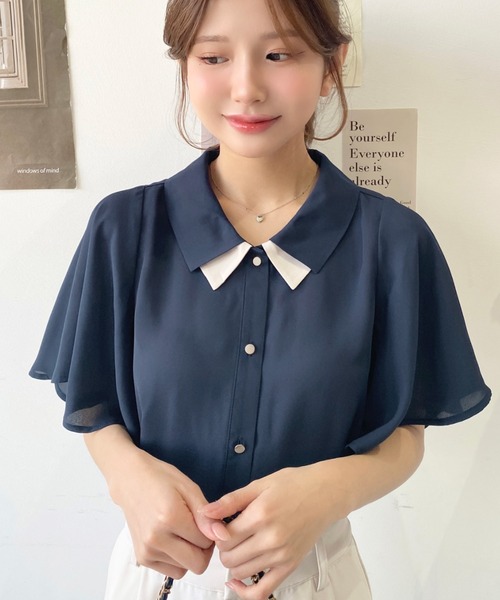 シフォンジョーゼットフレアスリーブ配色ダブルカラー半袖ブラウス