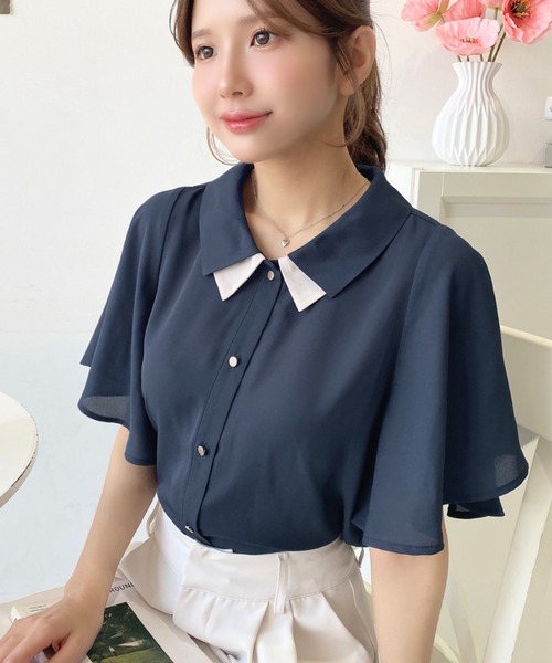 シフォンジョーゼットフレアスリーブ配色ダブルカラー半袖ブラウス