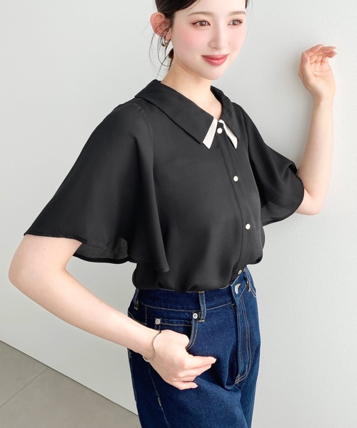 セール】シフォンジョーゼットフレアスリーブ配色ダブルカラー半袖