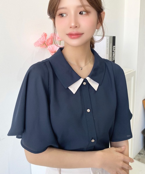 シフォンジョーゼットフレアスリーブ配色ダブルカラー半袖ブラウス
