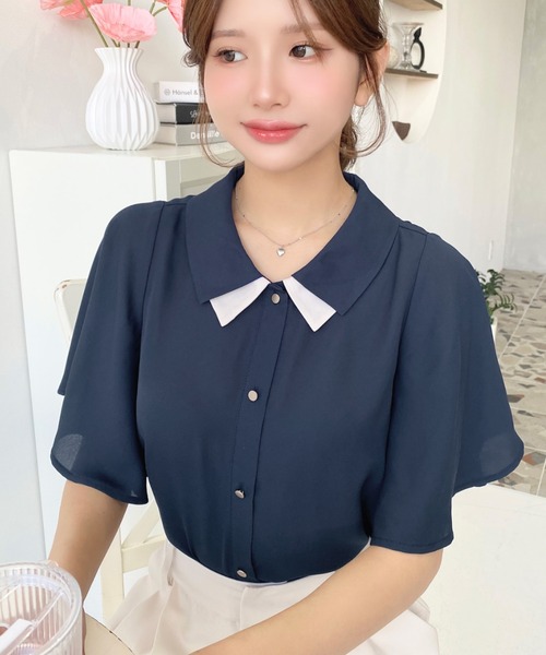 セール】シフォンジョーゼットフレアスリーブ配色ダブルカラー半袖