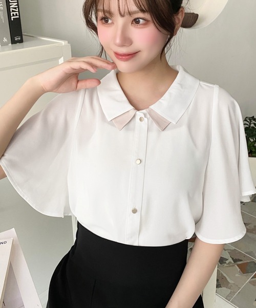 シフォンジョーゼットフレアスリーブ配色ダブルカラー半袖ブラウス
