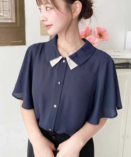 セール】シフォンジョーゼットフレアスリーブ配色ダブルカラー半袖