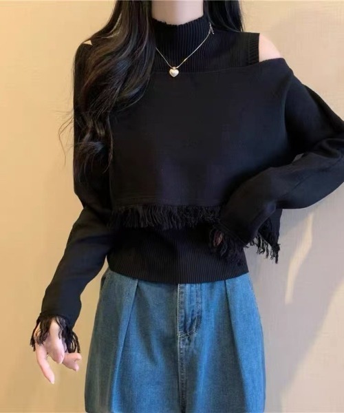 LETee（レティー）の「ハイネックノースリーブ＆イレギュラーヘムニットプルオーバー（ニット/セーター・レディース・グリーン/ホワイト/ブラック/ベージュ・FREE）」の7枚目の写真