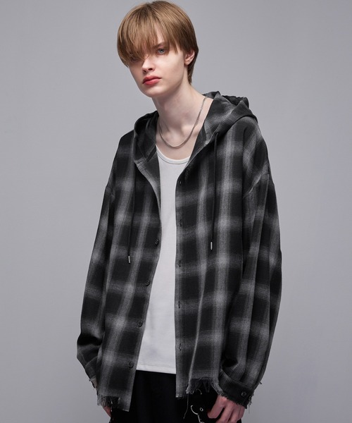 ダメージチェックフードシャツ(シャツ/ブラウス)|Loose/ルース ダメージチェックフードシャツ(シャツ/ブラウス)|Loose/ルース