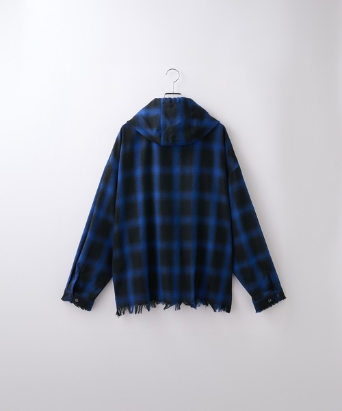 ブルーチェックダメージシャツ春夏用 ダメージチェックフードシャツ（シャツ/ブラウス）｜Loose