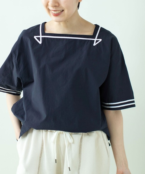 PAR ICI（パーリッシィ）の「オーガニックマグワッシャー スクエアネックマリンブラウス（シャツ/ブラウス・レディース・ネイビー/ホワイト・FREE）」の4枚目の写真