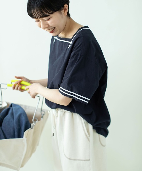 PAR ICI（パーリッシィ）の「オーガニックマグワッシャー スクエアネックマリンブラウス（シャツ/ブラウス・レディース・ネイビー/ホワイト・FREE）」の6枚目の写真