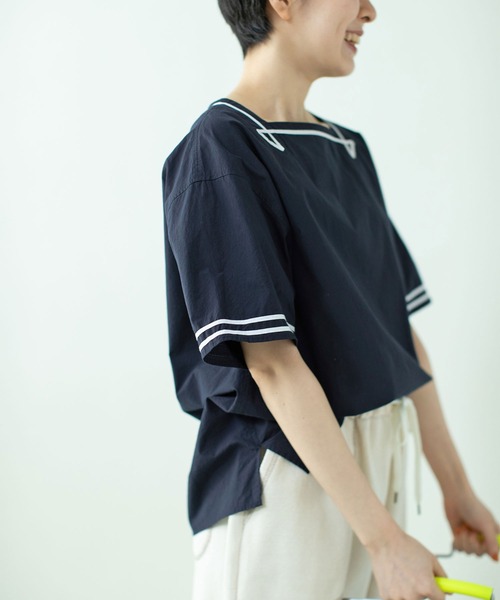 PAR ICI（パーリッシィ）の「オーガニックマグワッシャー スクエアネックマリンブラウス（シャツ/ブラウス・レディース・ネイビー/ホワイト・FREE）」の8枚目の写真