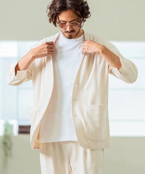 Magine(マージン)の「mj10549- Seersucker 3-4 Sleeve Cardigan カーディガンジャケット(その他アウター・メンズ・チャコール/キナリ/ブラック・44/46/48)」の2枚目の写真