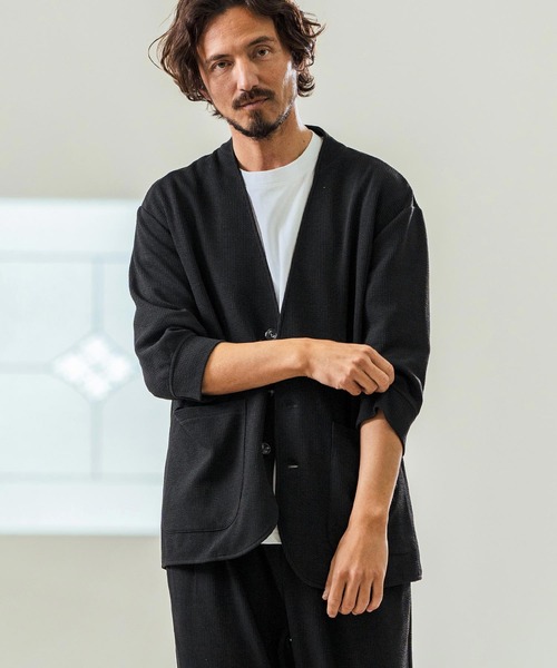 Magine(マージン)の「mj10549- Seersucker 3-4 Sleeve Cardigan カーディガンジャケット(その他アウター・メンズ・チャコール/キナリ/ブラック・44/46/48)」の1枚目の写真