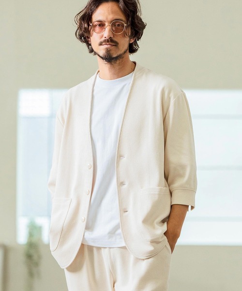 Magine(マージン)の「mj10549- Seersucker 3-4 Sleeve Cardigan カーディガンジャケット(その他アウター・メンズ・チャコール/キナリ/ブラック・44/46/48)」の4枚目の写真