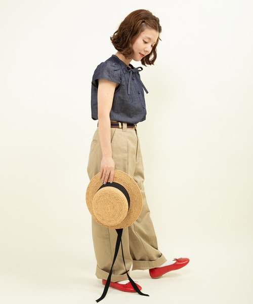 CHILD WOMAN（チャイルドウーマン）の「綿ラミーライトデニム 細ボウタイブラウス（シャツ/ブラウス・レディース・ネイビー・FREE）」の6枚目の写真