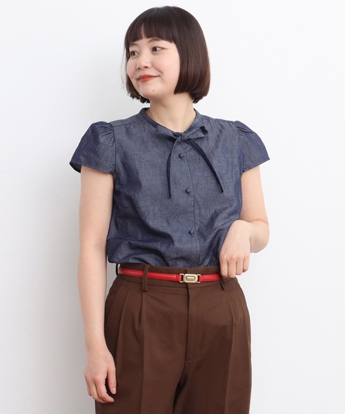 CHILD WOMAN（チャイルドウーマン）の「綿ラミーライトデニム 細ボウタイブラウス（シャツ/ブラウス・レディース・ネイビー・FREE）」の17枚目の写真